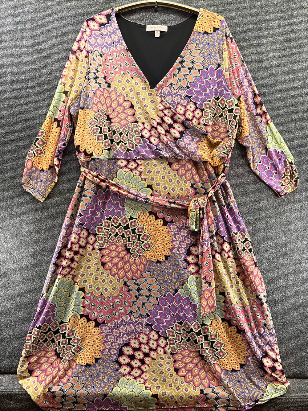 Harlow & Rose Faux Wrap Dress 2XL Stretch Waist Tie Colorful Boho Abstract Lined